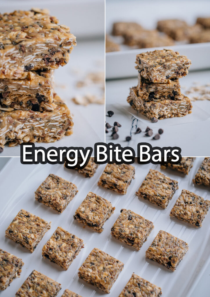 Collage of chewy oat filled energy bite bars stacked and on plates.