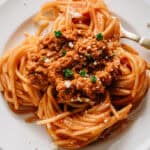 Traditional spaghetti with meat sauce plated.