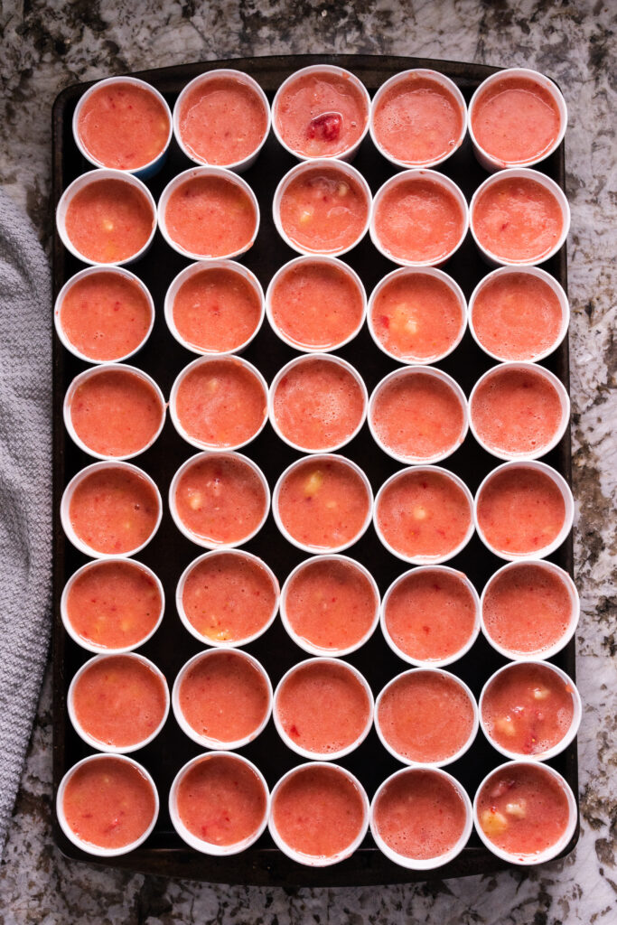 A tray of individual serving size fruit freeze ups show from above.