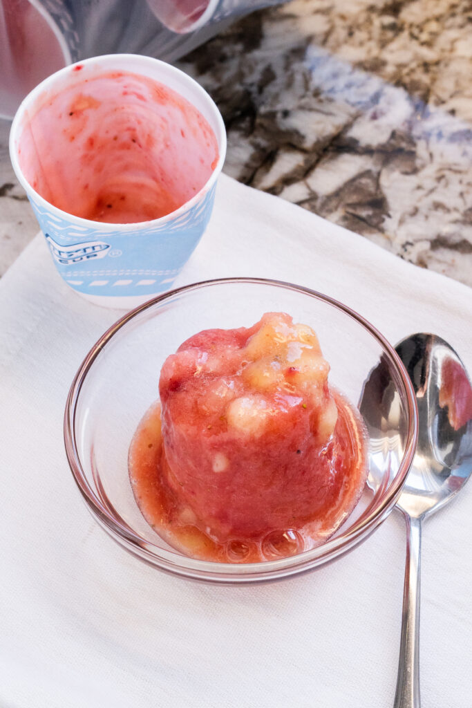 A single fruit freeze up slightly thawed and pour out into a dessert cup. A healthy and refreshing treat!