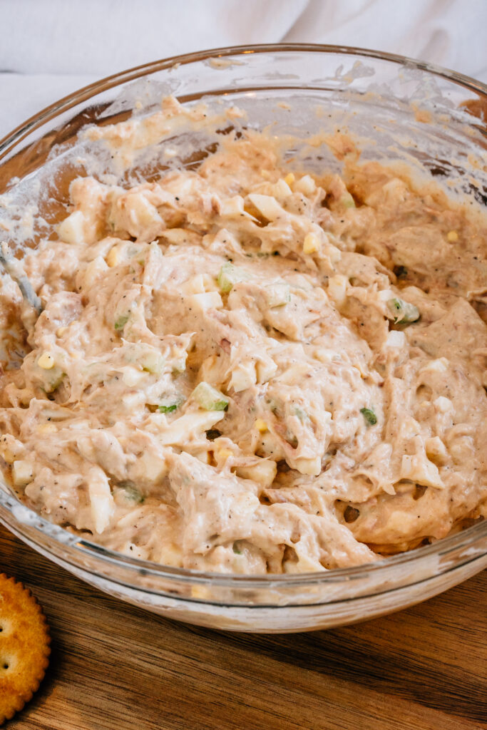A bowl of tuna salad ready to be plated and served.