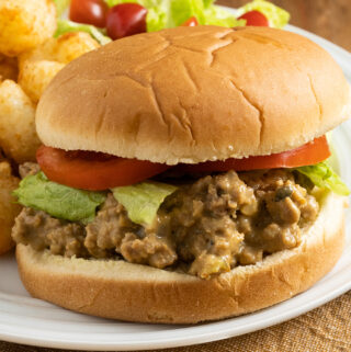 A crockpot cheeseburger topped with lettuce and tomato on a bun plated with tater tots and side salad!