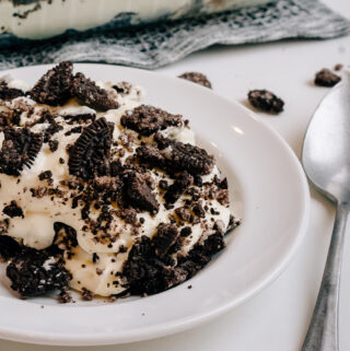 A close up of a plate of the yummy creamy and crunchy Oreo dirt pudding.