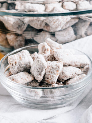 A bowl of crunchy chocolate and sugar delight: puppy chow!