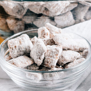 A bowl of crunchy chocolate and sugar delight: puppy chow!