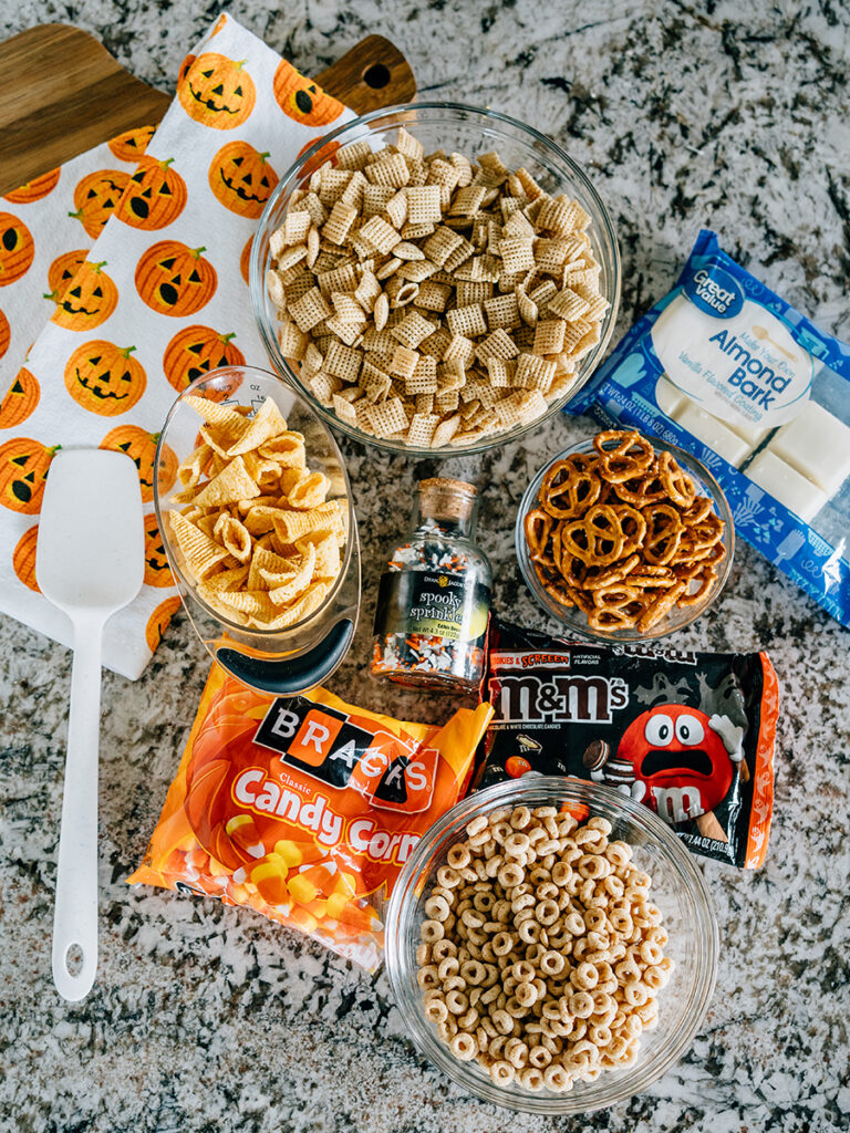 An overview picture of all the goodies that make Halloween white trash mix.