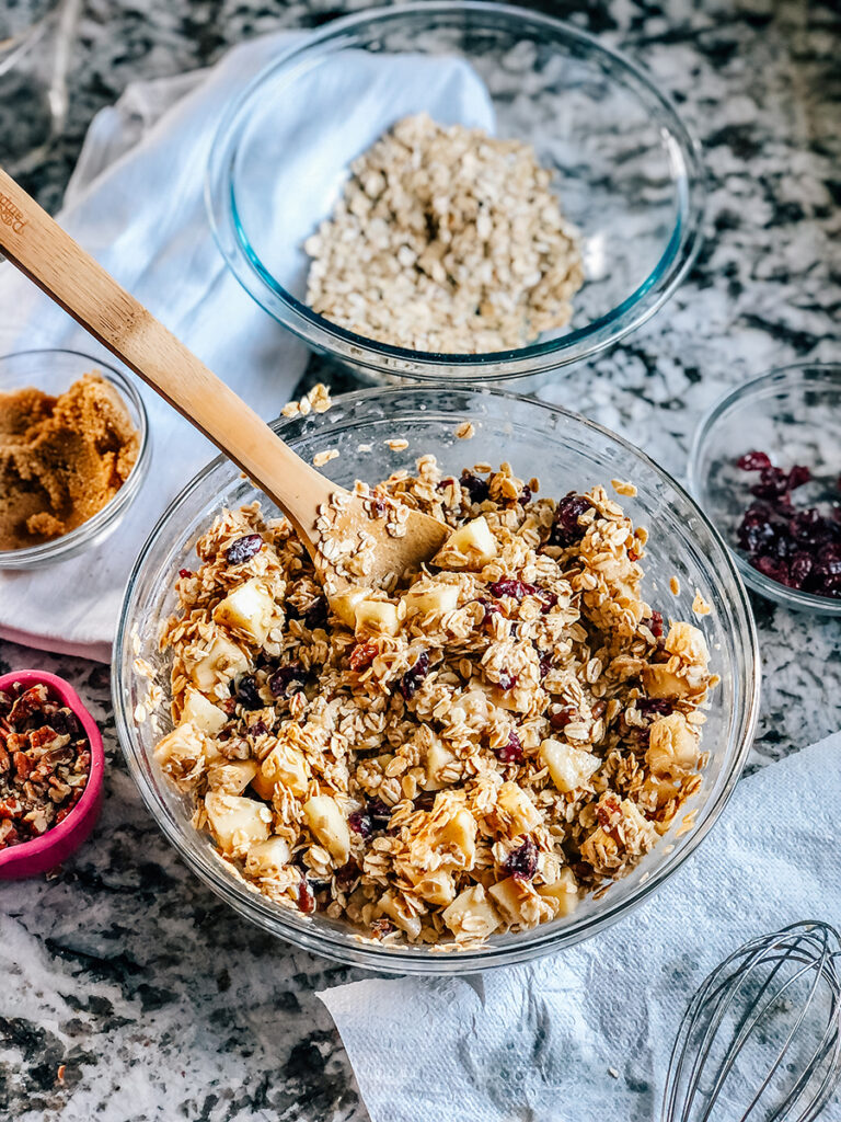Our egg and milk mixture combined with apples, oats, dried cranberries, and pecans in a bowl.