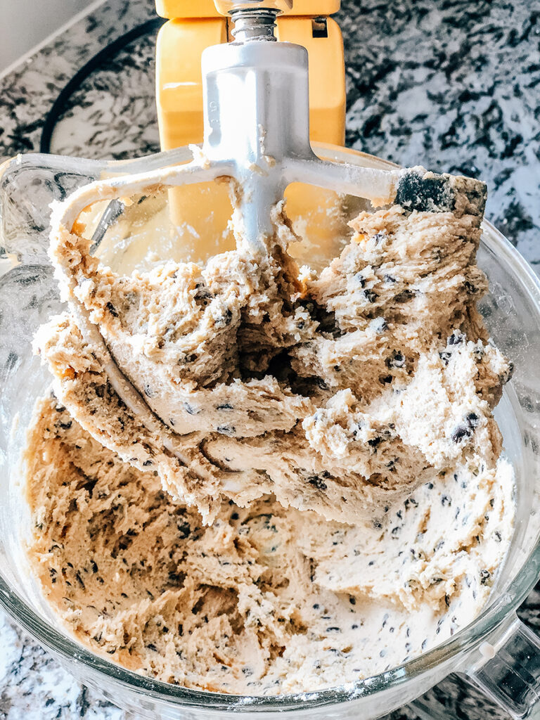 Delicious edible chocolate chip cookie dough in a stand mixer!