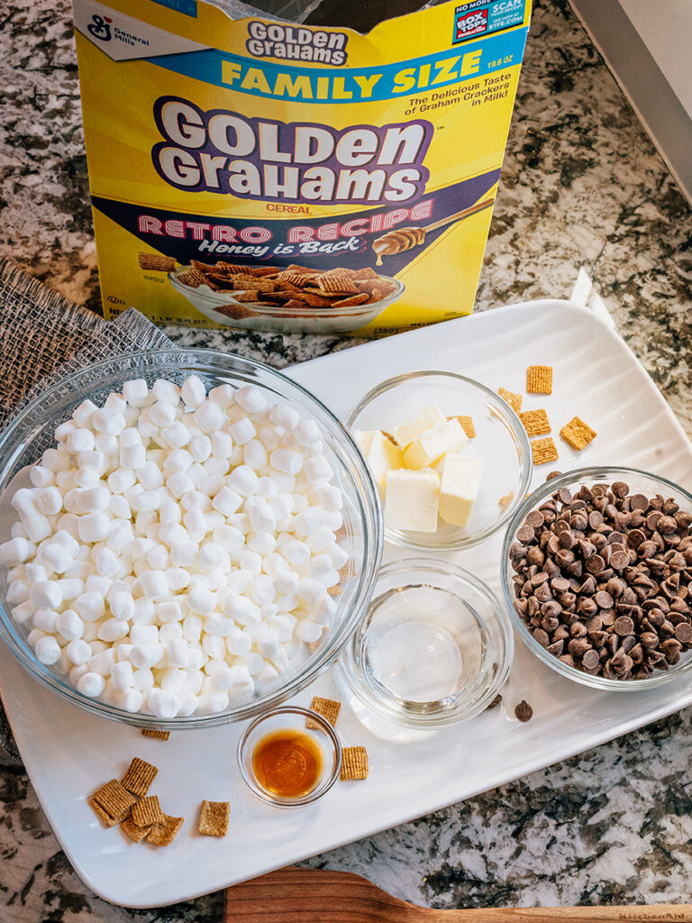 The ingredients of Golden Grahams S'mores Bars recipe. A throwback 90s kid treat!
