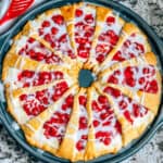 Overview shot of this delicious cherry cream cheese crescent ring dessert with sweet homemade glaze.