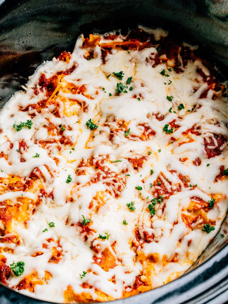 close up of this easy crock pot lasagna recipe.