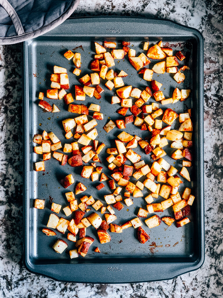 Overview of a pan of perfectly oven roasted potatoes!