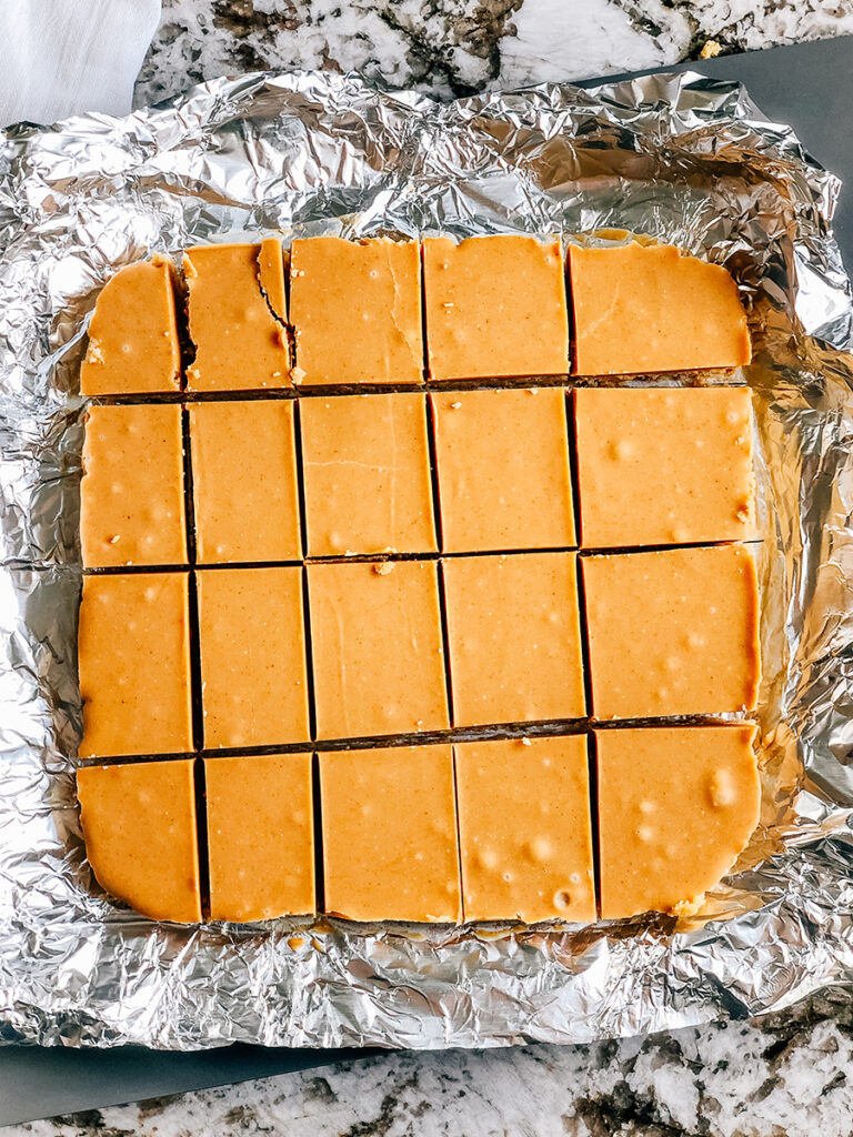 This peanut butter dessert is now sliced into 20 pieces.