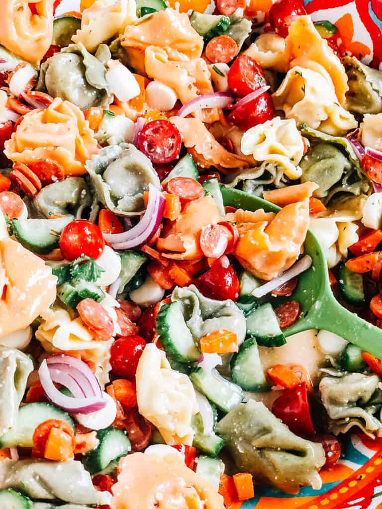 Italian Tortellini Salad chilled and ready to be served.