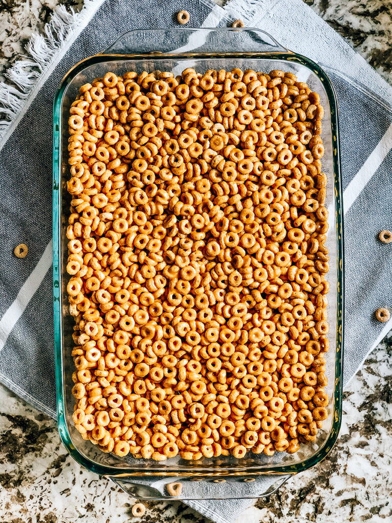 A pan of Peanut Butter Cheerio Bars ready to served at your next party.