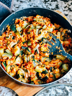 The completely mixed and ready to be served Skillet Zucchini.