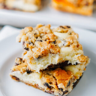 With a creamy cheesecake filling and delicious chocolate chip cookie on top and bottom, these dessert bars are scrumptious!