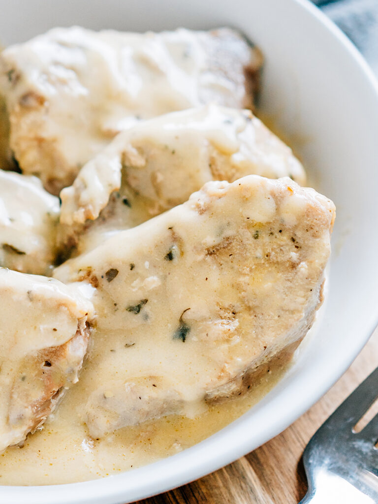Close up of delicious pork chops from Ranch seasoning and cream of mushroom and chicken soup.