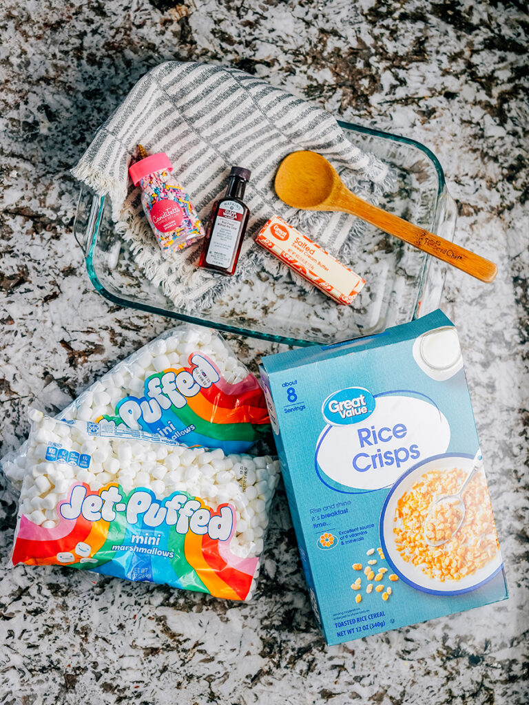 The ingredients to this easy rice krispies treats recipe.
