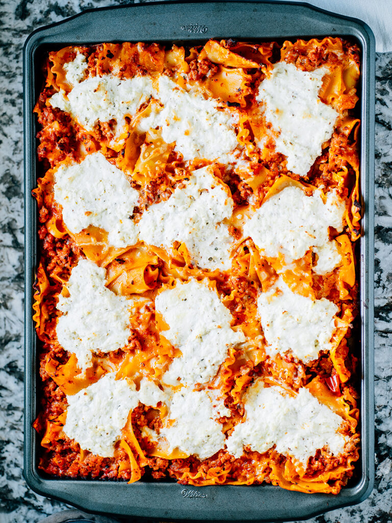 A overview shot of the entire sheet pan lasagna.