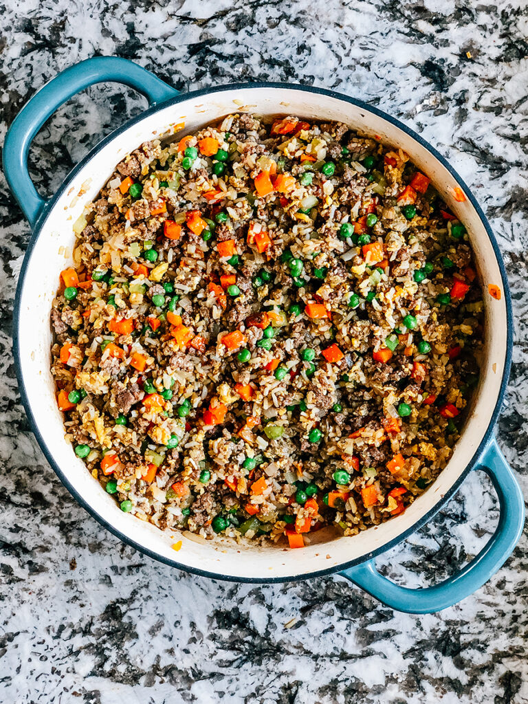Finish Ground Beef Fried Rice with coconut aminos.