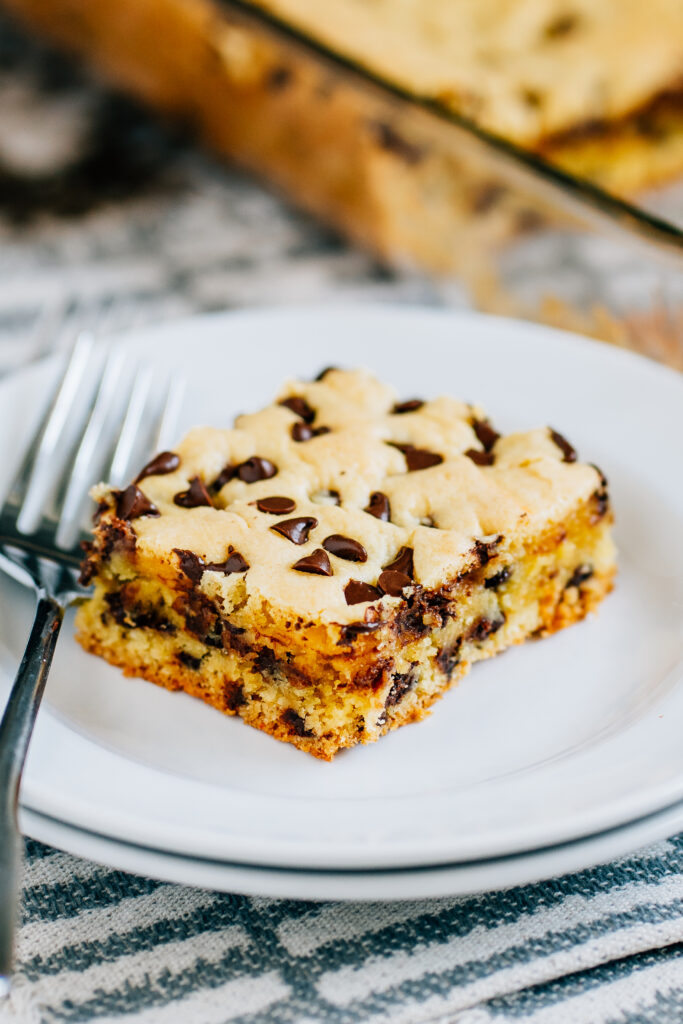Warm and delicious plated chocolate chip cookie bar.