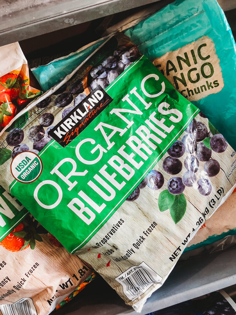 Picture of a bag of organic blueberries Costco in freezer.