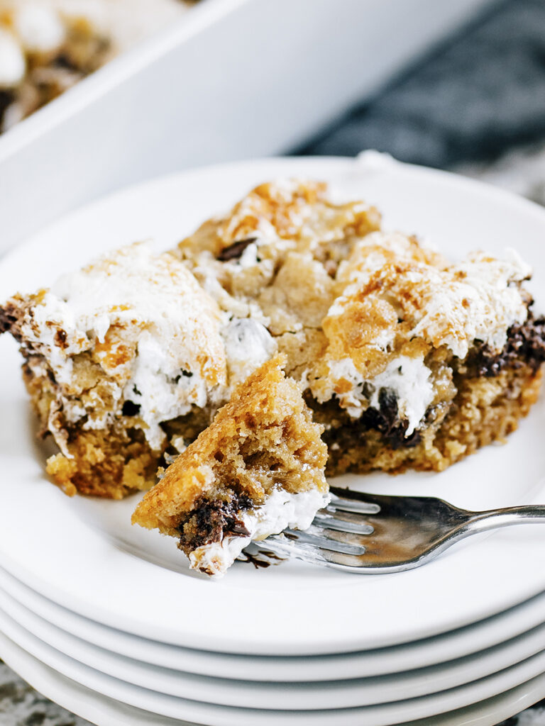 A s'mores cookie bar plated and ready to be enjoyed.