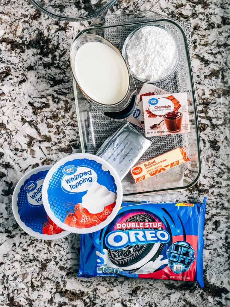 Ingredients for No-Bake Oreo Dessert. This is a Oreo Dirt Dessert with Chocolate Pudding.