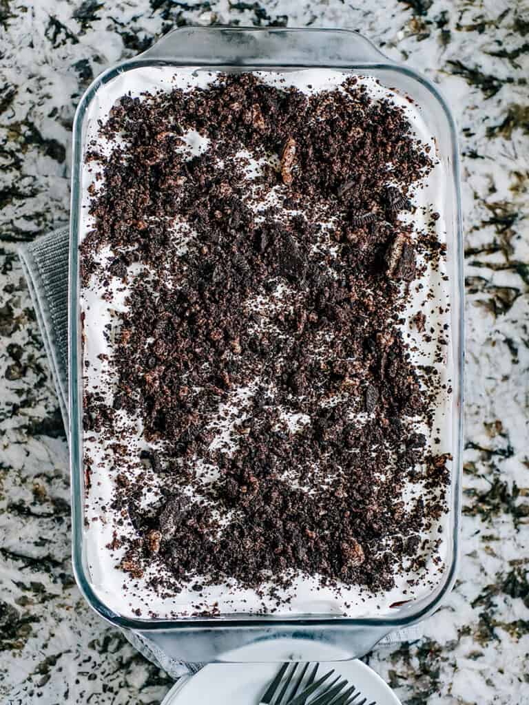 Overhead shot of No Bake Oreo Dessert Chilled and ready to serve