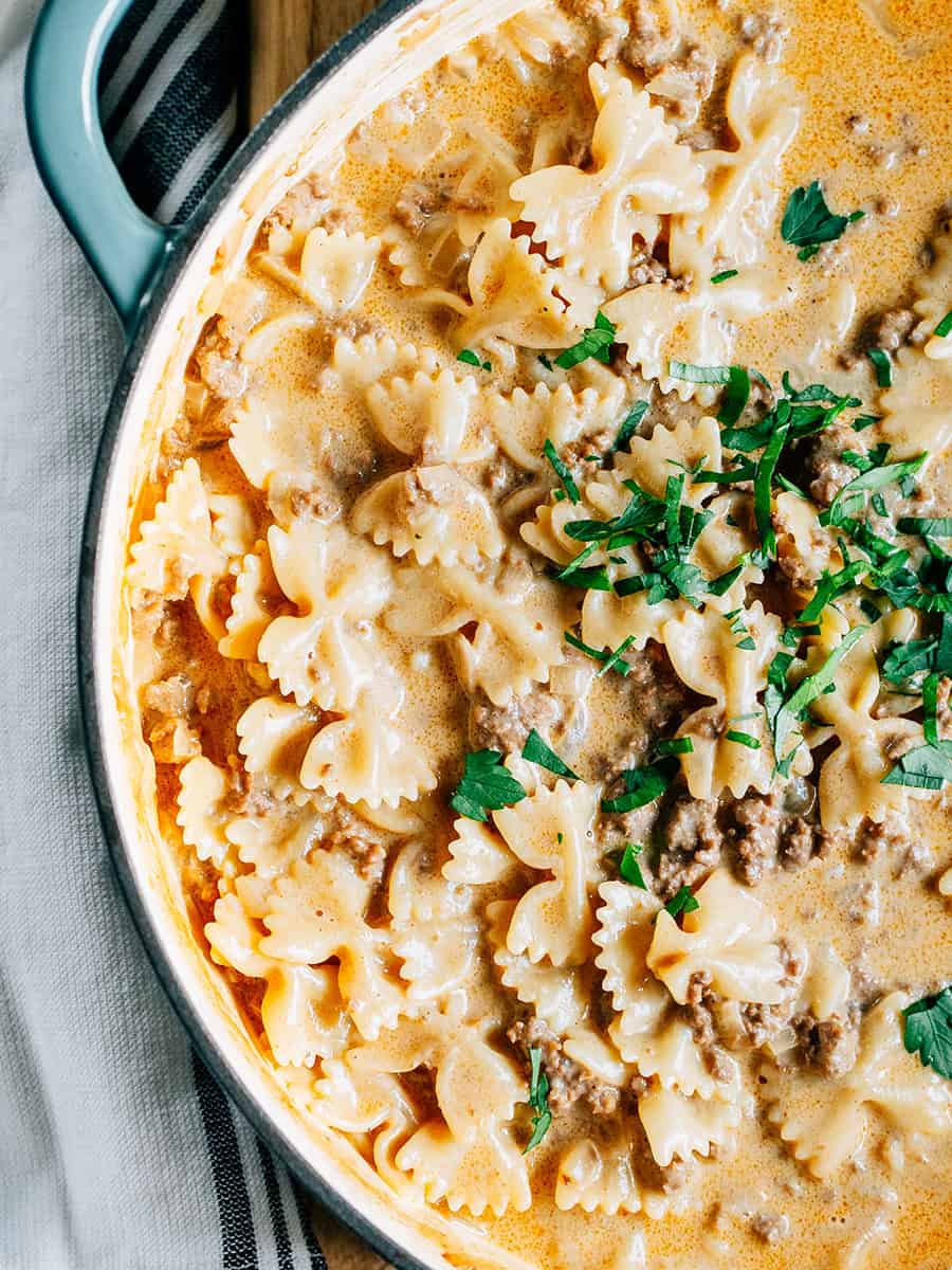 creamy-ground-beef-and-bowtie-pasta-the-recipe-life