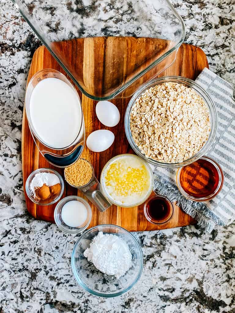 The ingredients for Cinnamon Roll Oatmeal Bake and glaze.