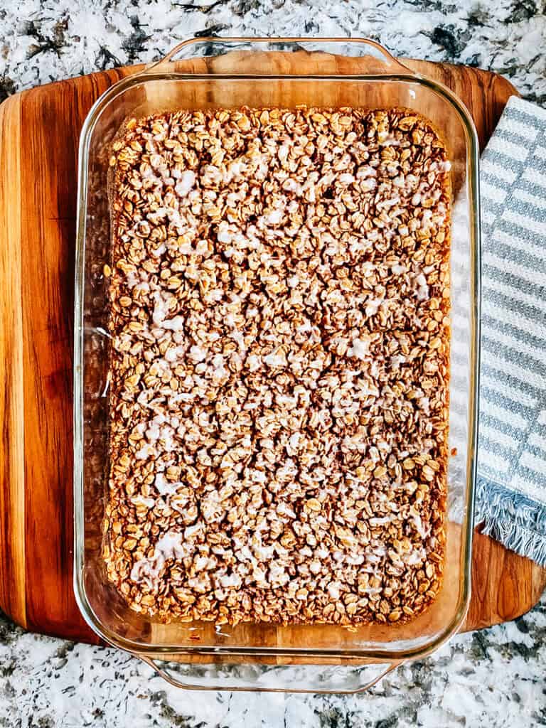 Glaze drizzled on slightly cooled oatmeal bake.