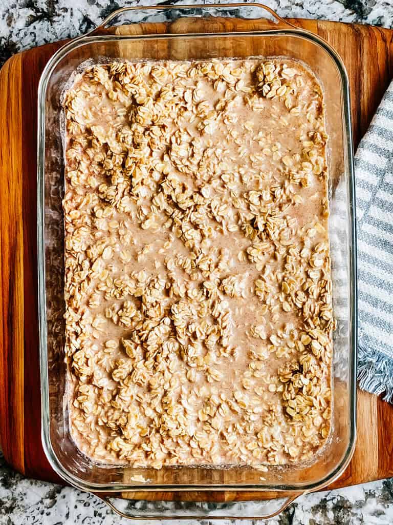 Pour unbake oatmeal bake into 9x13-inch dish.