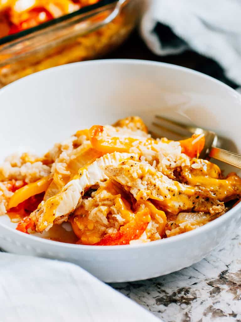 A bowl of chicken fajita bake ready to eat.