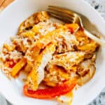 Overview of a bowl of chicken fajita bake casserole.