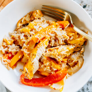 Overview of a bowl of chicken fajita bake casserole.