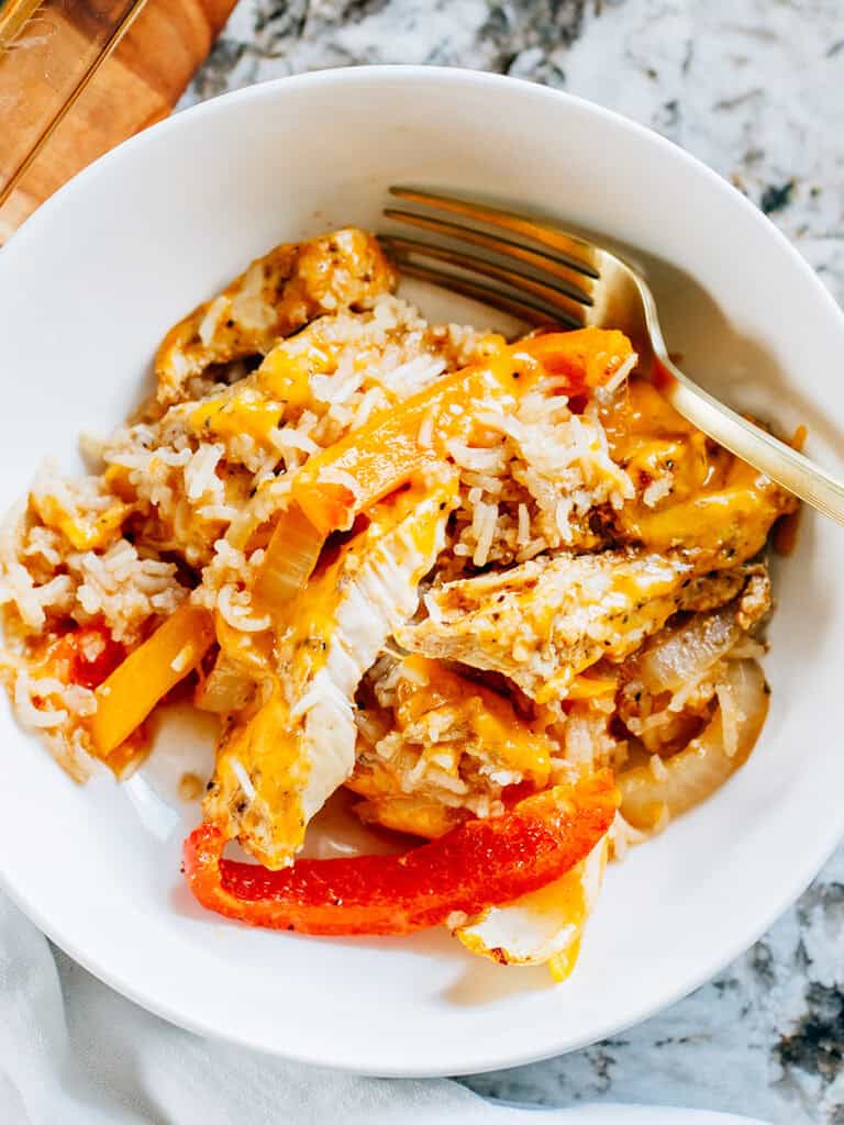 Overview of a bowl of chicken fajita bake casserole.