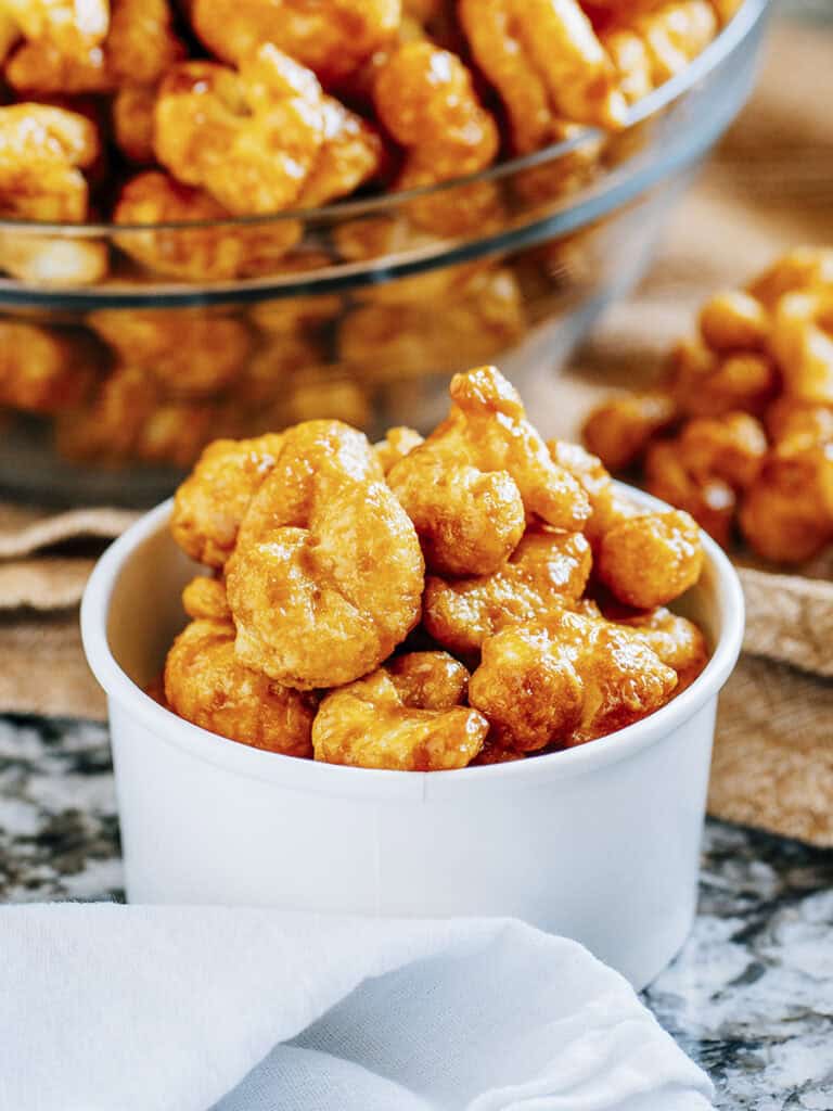 A small bowl of crunchy caramel puff corn!