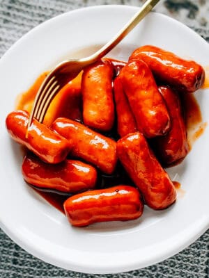 A plate of BBQ little smokies ready to served.