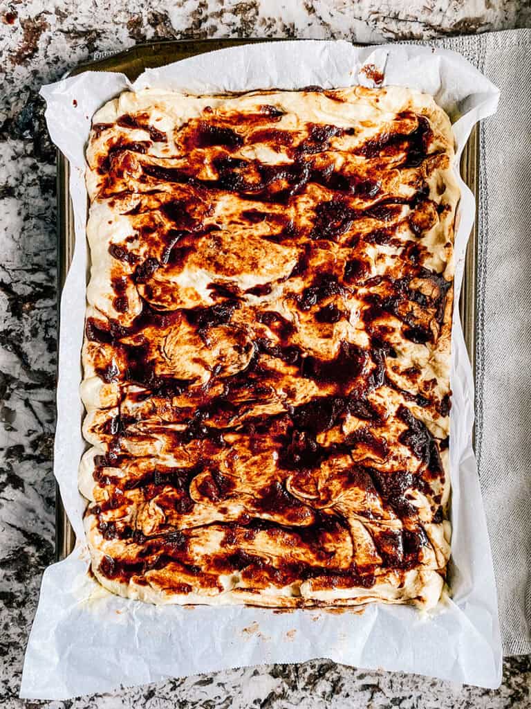 The second half of the cinnamon sugar sauce spread evenly across the top.