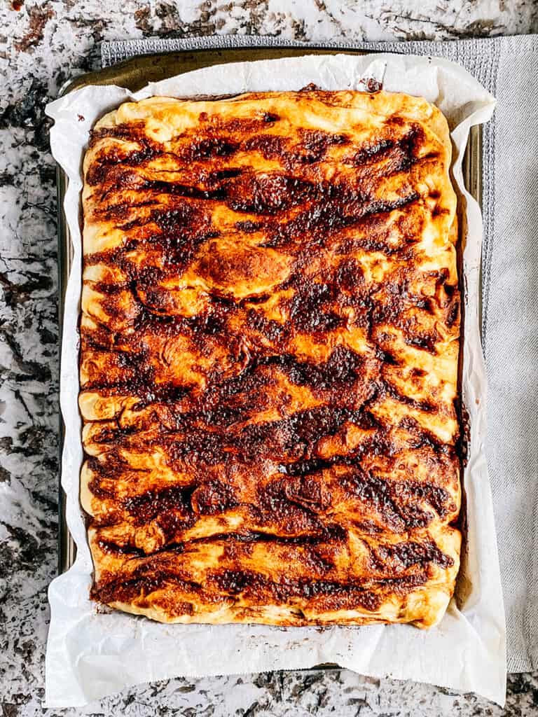 Perfectly baked cinnamon sugar focaccia bread.