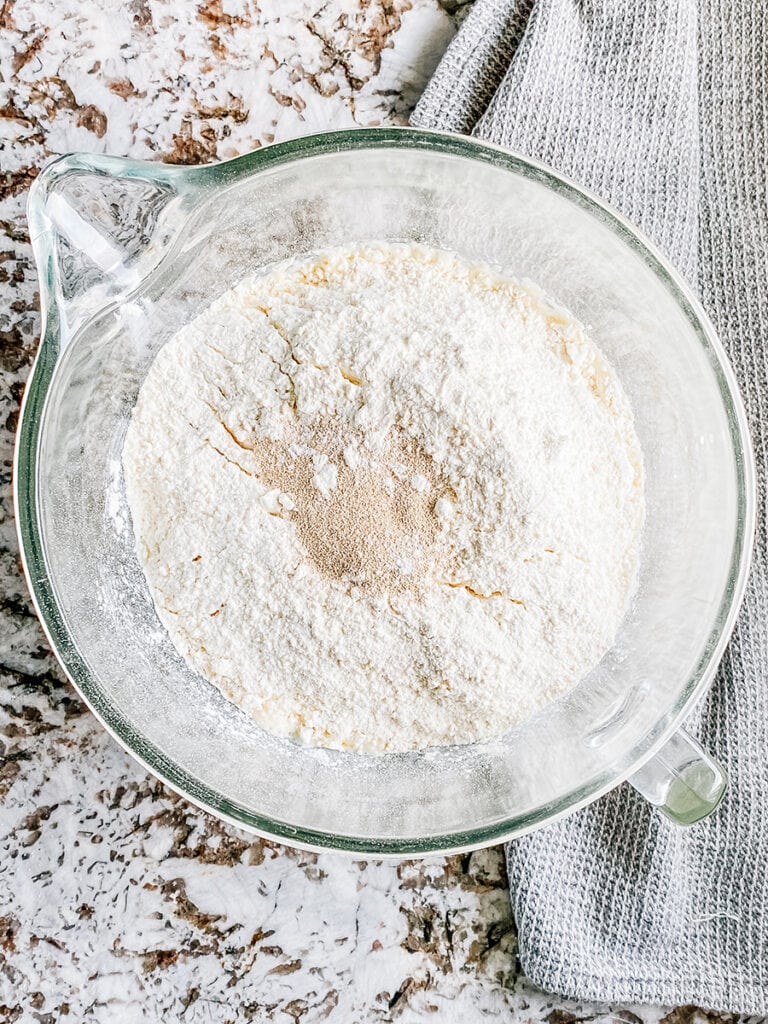 Ingredients to focaccia bread in a stand mixer bread: Warm water, yeast, salt and sugar.