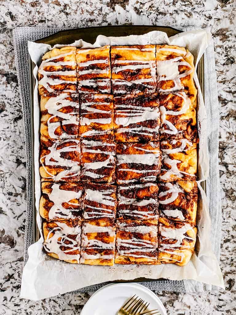 The sheet pan of bread cut into 20 pieces.