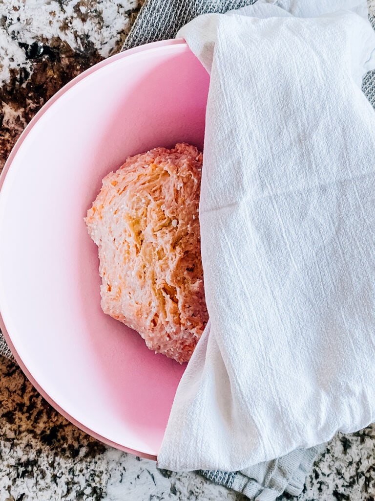 Covering us the cottage cheese dough greased in a large bowl to rise in a warm spot.