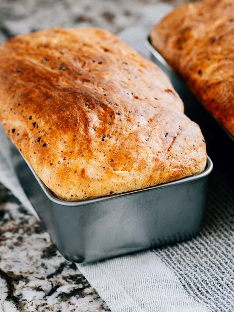 A freshly baked loaf of bread made with cottage cheese.