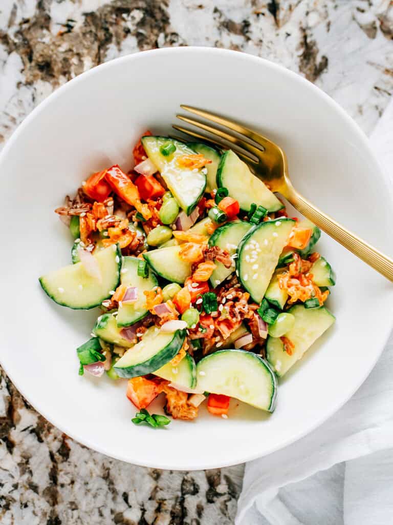 A single serving of the viral crispy rice and cucumber salad.