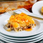Ready to serve slice of this easy and delicious breakfast casserole inspired my the McGriddle.