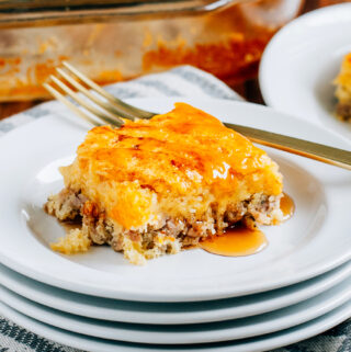 Ready to serve slice of this easy and delicious breakfast casserole inspired my the McGriddle.
