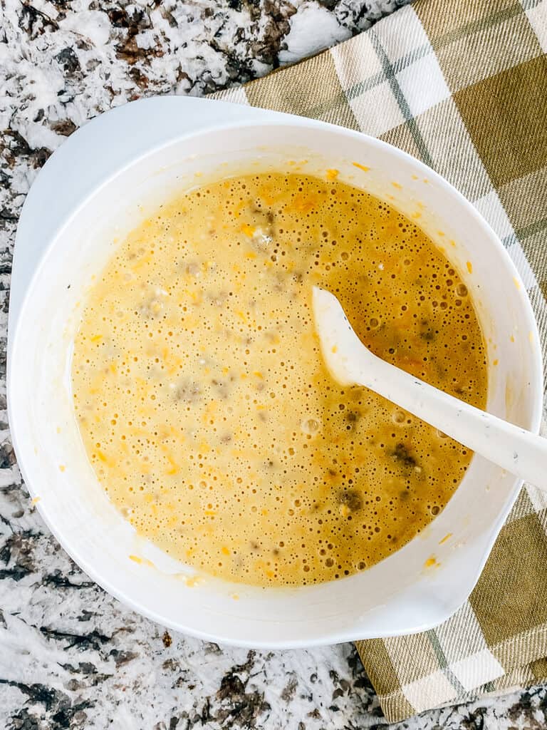 The sausage and cheese mixed into the pancake mix.